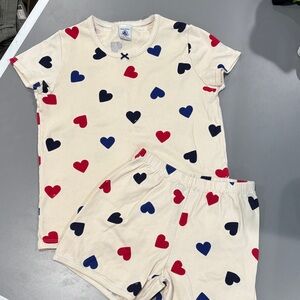 Petit Bateau Cream Pajama Set with Red and Blue Hearts size 10 years